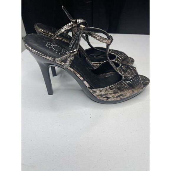 BCBG Paris Heels Snakeskin Print T-Strap Stiletto Evening Shoes size 7.5  ‎ S-85 - Picture 1 of 8